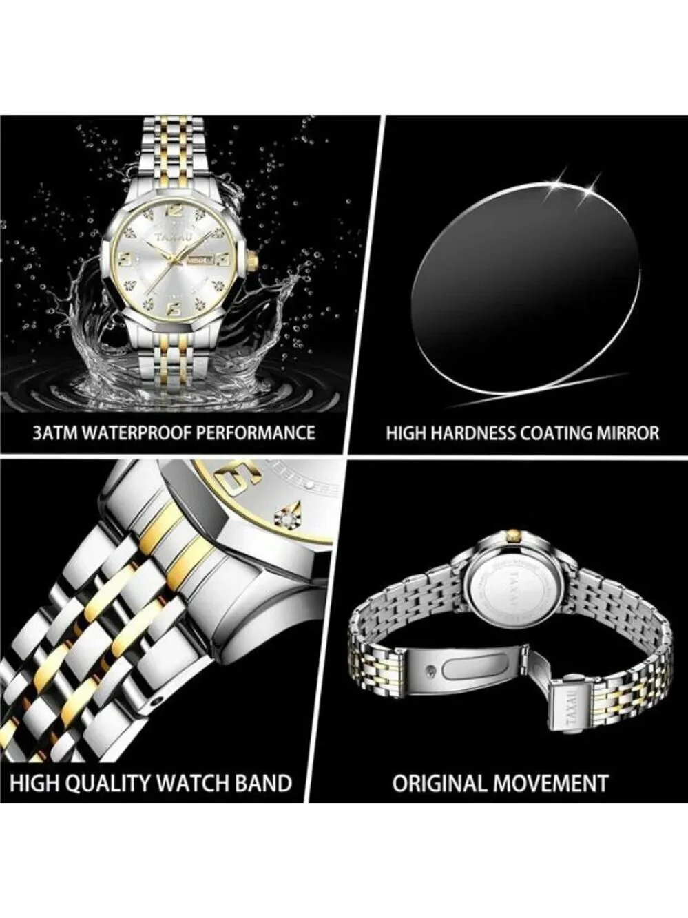 Taxau Womens Luxury Diamond Watch Gold Silver Waterproof Quartz Small Wrist